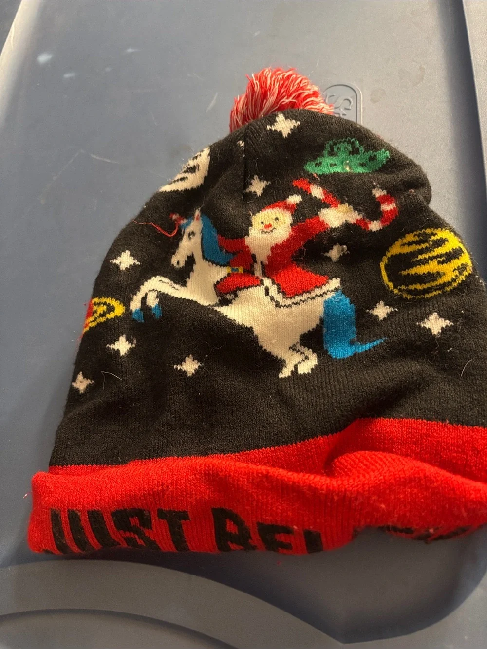 Kids Black & Red Santa Unicorn Pom-Pom Beanie